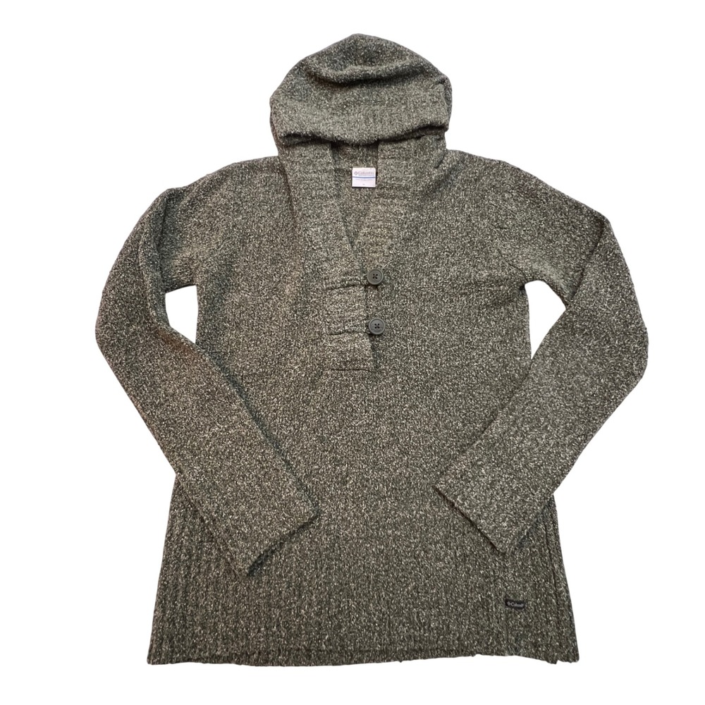 Columbia Knit Hoodie Pullover Sweater Womens‎ Medium Green Two Button Shawl Neck